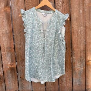 EDEN RUTH Women’s Green Floral Ruffle Sleeveless Shirt Blouse Size Medium